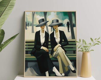 Classy Sapphic Couple Painting | Lesbian Love Fine Art Poster | Sapphic Love in Art Deco Style | Lesbian Pride Wall Art for Home & Office