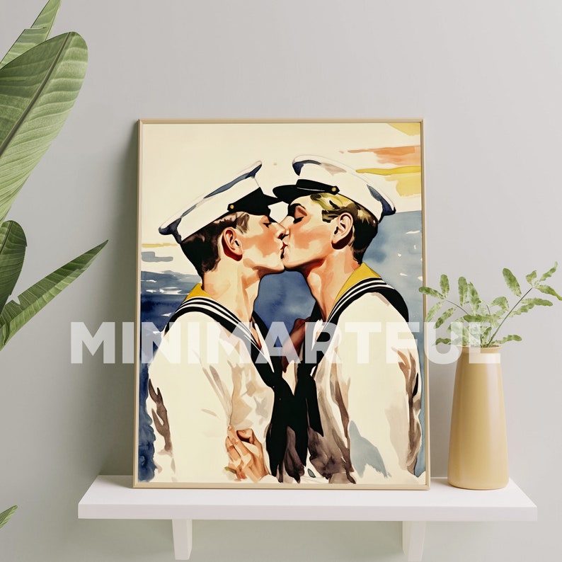 Gay Couple Art Print, Romantic Gay Sailors Art Painting, Gay Pride Art Poster, Gay Pride Wall Art Gift image 1