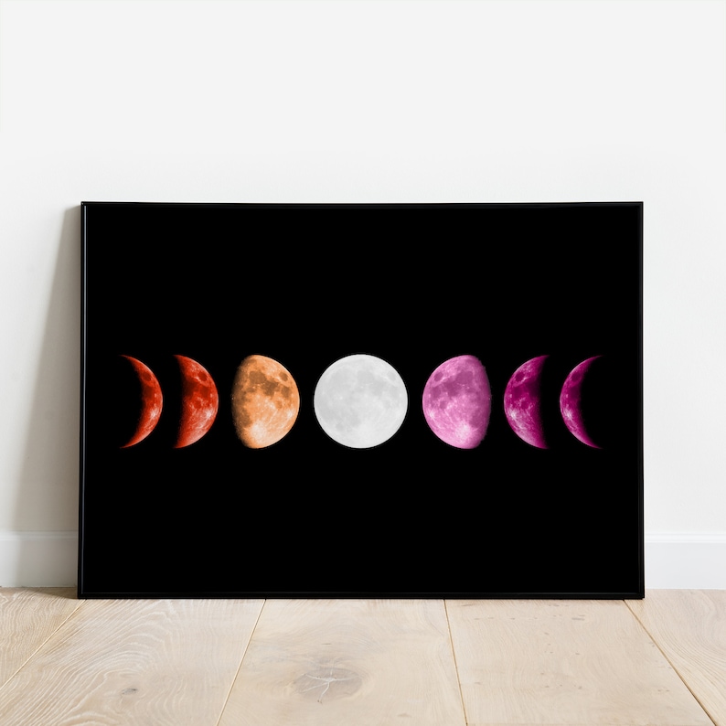 May include: A black background with seven phases of the moon in a row. The moon phases are colored in the lesbian pride flag colors: red, orange, yellow, white, pink, and purple.