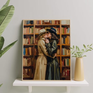 Romantic Sapphic Couple Art Print | Vintage Lesbian Love in a Library Painting | LGBTQ+ Lesbian Pride Gift Art Wall Art for Home & Office