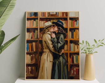 Romantic Sapphic Couple Art Print | Vintage Lesbian Love in a Library Painting | LGBTQ+ Lesbian Pride Gift Art Wall Art for Home & Office