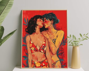 Lesbian Couple in Love Art Print | Sensual Sapphic Fine Art Poster | Lesbian Pride Wall Art Painting | Sapphic Love Artwork Decor Gift
