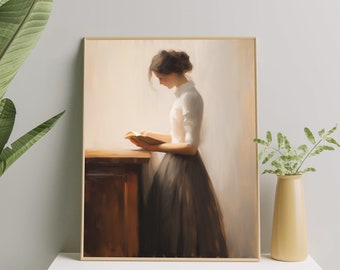 Elegante vrouw leest kunstprint | Leesgrage meisje met haar boek Art Decor | Sfeervolle Victoriaanse esthetische muurkunstafdruk cadeau voor boekenliefhebbers