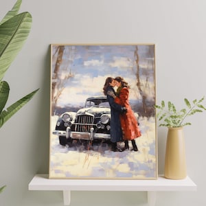 Sapphic Couple Kissing in Winter Art Print  Romantic Lesbians in love Oil Painting  Christmas Lesbian Pride Gift Wall Art for Home & Office