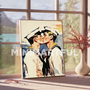 Gay Couple Art Print, Romantic Gay Sailors Art Painting, Gay Pride Art Poster, Gay Pride Wall Art Gift image 2