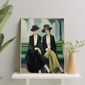 Elegant Sapphic Couple Painting | Lesbian Love Fine Art Poster | Sapphic Love in Art Deco Style | Lesbian Pride Wall Art for Home & Office