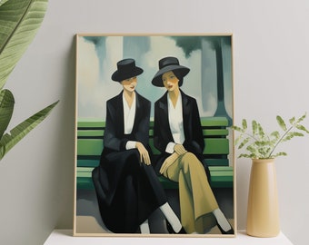Elegant Sapphic Couple Painting | Lesbian Love Fine Art Poster | Sapphic Love in Art Deco Style | Lesbian Pride Wall Art for Home & Office