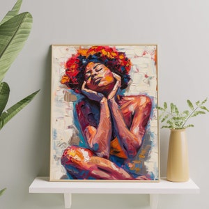 Bold Expressionist Female Art Print | Contemporary Figurative Oil Painting | Women Body Positivity |  Woman with Flower Crown Wall Art Decor