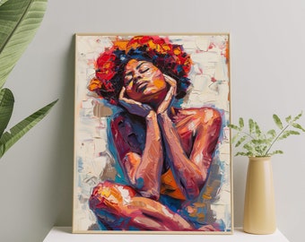 Bold Expressionist Female Art Print | Contemporary Figurative Oil Painting | Women Body Positivity |  Woman with Flower Crown Wall Art Decor