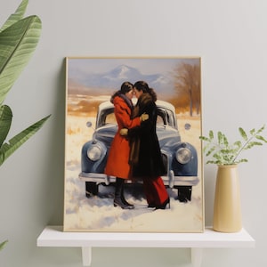 Sapphic Couple Embracing Love in Winter Art Print | Romantic Lesbians Oil Painting | Christmas Lesbian Pride Gift Wall Art for Home & Office