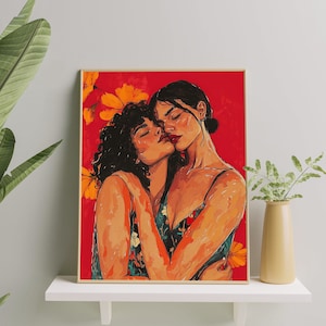 Impresión de obra de arte lésbica / Póster artístico vibrante de pareja de lesbianas enamoradas / Pintura de arte de pared de orgullo lésbico / Regalo de decoración de arte de pared de amor sáfico