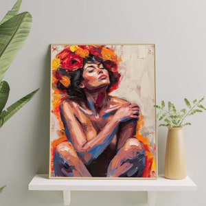 Ausdrucksstarke Frau Kunstdruck | Zeitgenössisches Figuratives Ölgemälde | Weibliche Körper Positivität | Frau mit Blumenkranz, Wanddeko