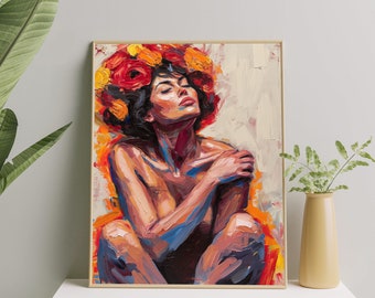 Bold Expressionist Woman Art Print | Contemporary Figurative Oil Painting | Female Body Positivity | Woman with Flower Crown Wall Art Decor
