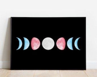 Transgender Moon Phase Art Print, Trans Pride Flag Wall Art Poster, Trans Witch, Transgender Pride Gift