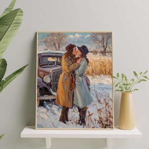 Lesbians Embracing Love in Winter Art Print | Romantic Lesbian Sapphic Love Painting | LGBTQ+ Lesbian Pride Gift Wall Art for Home & Office