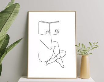 Woman Reading Line Art, Book Line Art Print, Reading Girl Printable Line Art, Book Lover Print Gift, Woman One Line Drawing