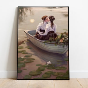 May include: Two people in a rowboat on a lake, kissing. The boat is surrounded by lily pads and the water is a soft, muted green. The sky is a pale blue and the sun is shining.