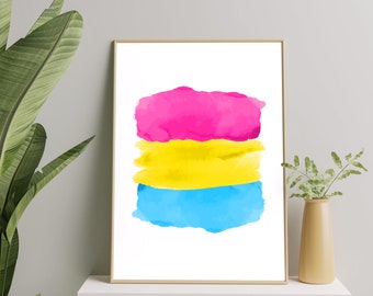 Pansexual Pride Watercolor Flag Minimal Art Pint Poster, Pansexuality Abstract Modern Art Prints, Watercolor Pansexual Flag Printable Gift