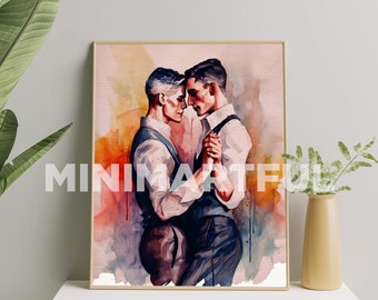 Romantic Gay Couple Art Print, Watercolour Gay Art Painting, Gay Pride Art Poster, Gay Men Wall Art Gift