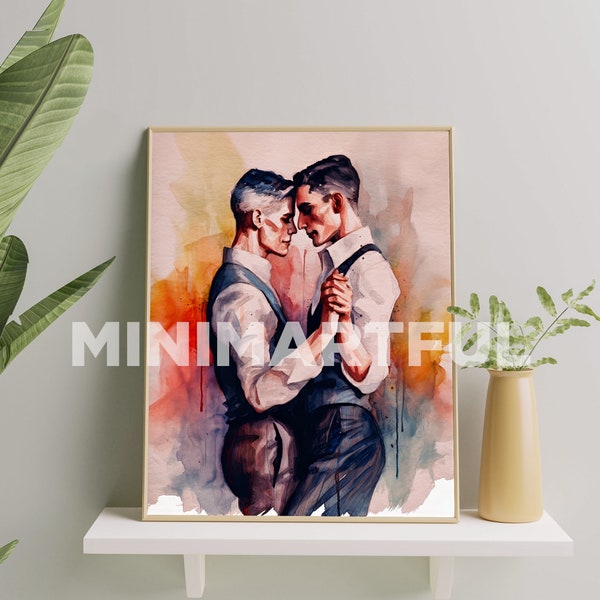 Romantic Gay Couple Art Print, Watercolour Gay Art Painting, Gay Pride Art Poster, Gay Men Wall Art Gift