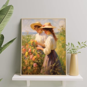 Sapphic Couple in Floral Garden Art Print | Lesbian Pride Poster | Vintage Romantic Lesbian Couple in Love Wall Art Decor for Home & Office