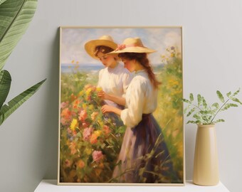 Sapphic Couple in Floral Garden Art Print | Lesbian Pride Poster | Vintage Romantic Lesbian Couple in Love Wall Art Decor for Home & Office