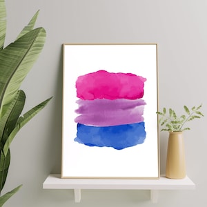 Bisexual Pride Watercolor Flag Minimal Art Pint Poster, Bisexuality Abstract Modern Art Prints, Watercolor Bisexual Bi Flag Printable Gift