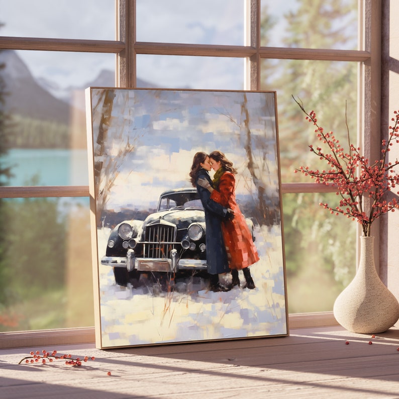 Sapphic Couple Kissing in Winter Art Print Romantic Lesbians in Love ...
