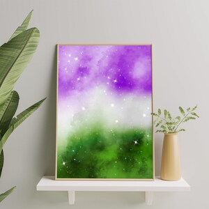 Impressão de arte queer galaxy, pôster de arte de parede com bandeira do orgulho queer, pintura queer sutil