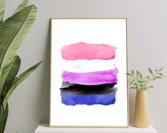 Genderfluid Pride Watercolor Flag Minimal Art Pint Poster, Genderfluidity Abstract Art Prints, Watercolor Gender fluid Flag Printable Gift