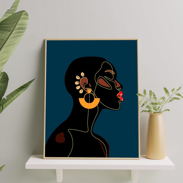 May include: A digital art print of a woman's profile with a dark skin tone. The woman has a gold hoop earring with a geometric design. The background is a dark blue color.