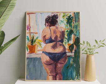Body Positivity-kunstafdruk | Bochtige dikke vrouw kunstprint | Zelfliefde kunstposter grote maat | Cadeau voor plantenliefhebbers en body Positive Decor