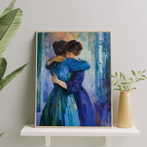 Sapphic Embrace Art Print | Lesbian Love Oil Painting | Lesbian Moody Art | Romantic Lesbian Couple Hugging Wall Art Decor for Home & Office