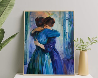 Sapphic Embrace Art Print | Lesbian Love Oil Painting | Lesbian Moody Art | Romantic Lesbian Couple Hugging Wall Art Decor for Home & Office