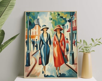 Impressão de arte elegante de casal sáfico | Pôster de belas artes vintage de amor lésbico | Arte de parede vibrante retrô de orgulho lésbico para casa e escritório
