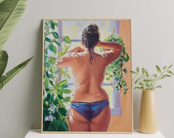 Body Positive-kunstafdruk | Vrouw met plantenprint | Self Love Art - Plantenliefhebber muurkunst | Levendig olieverfschilderij voor plantenliefhebbers
