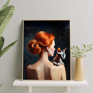 Sphynx Cat Lover&#39;s Portrait | Impressionist Redhead Cat Mom Painting | Aesthetic Sphynx Cat Mom Gift | Sphynx Cat Wall Art for Home & Office