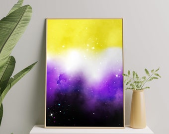 Nonbinary Galaxy Art Print, Non binary Pride Flag Wall Art Poster, Subtle Nonbinary Painting