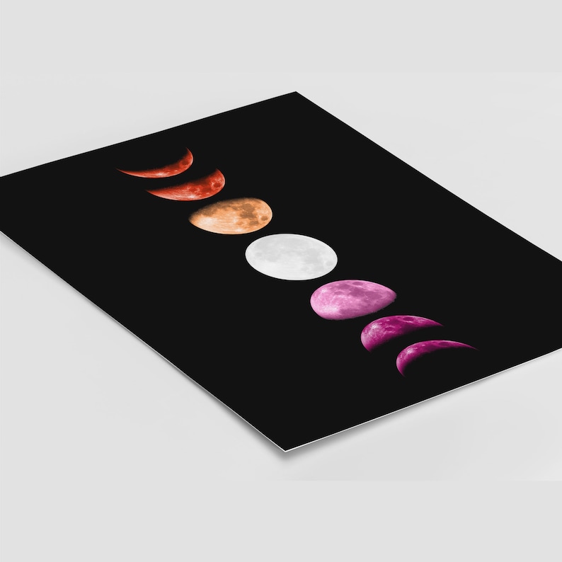 May include: A black background with a vertical row of moons in different phases, colored in shades of red, orange, white, and pink, representing the lesbian pride flag.