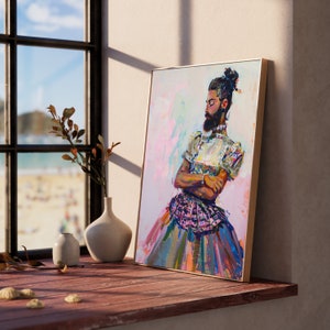 May include: A painting of a person wearing a white dress with a colorful floral pattern. The person has a long beard and is looking down. The painting is framed in a gold frame and is hanging on a wall.