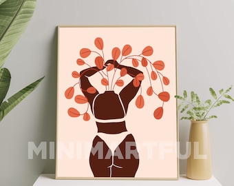 Floral Body Positive Art Print, Minimalist Illustration of Female Figure Print, Abstract Girl Figure Art Poster, Curvy Thick Woman Art