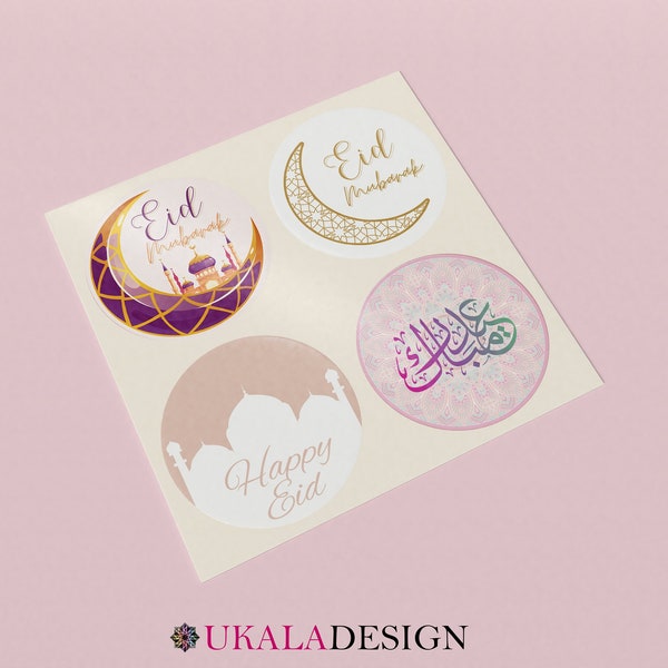 x35 Eid Mubarak/Happy Eid/Bayram Stickers/Labels 37mm circular - Islamic Party Supplies, Decorations, Gift Tags