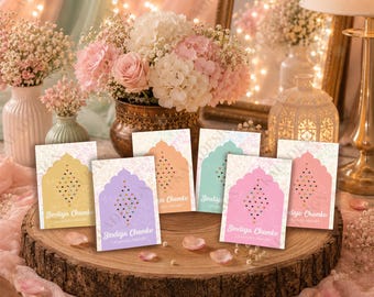 Bindiya Chamke (Pastel Colours) Bindi Cards - Mehrab-e-Gul - Mehndi, Haldi & Pre-Wedding Favour Display Cards, A7 Jewellery Gift Display,