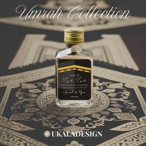 Schwarz - Personalisierte Zam Zam Wasserflasche Aufkleber für 50ml - Individuelle Umrah Geschenk Gefälligkeiten, Islamische Andenken, Muslimische Feier, Hajj