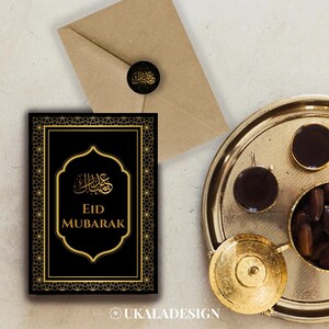 Cartes de l'Aïd Mubarak, carte de voeux de célébration musulmane/islamique/impression, joyeux Aïd, Bayram - avec autocollants assortis - noir