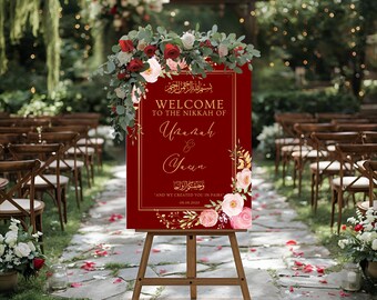 Maroon/Red - Wedding Welcome Sign – Personalised Foamboard for Reception, Nikah, Walima, Muslim Marriage, Custom Entrance Décor - Portrait