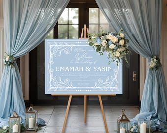 Blue - Wedding Welcome Sign – Personalised Foamboard for Reception, Nikah, Walima, Muslim Marriage, Custom Entrance Décor - Landscape