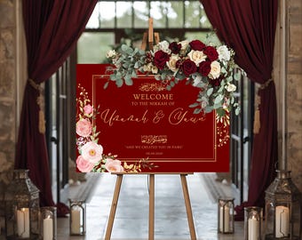 Maroon/Red - Wedding Welcome Sign – Personalised Foamboard for Reception, Nikah, Walima, Muslim Marriage, Custom Entrance Décor - Landscape