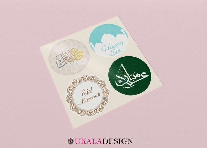 x35 Eid Mubarak/Happy Eid/Bayram Stickers/Etiquettes 37 mm circulaires Articles de fête islamique, décorations, étiquettes cadeaux image 3