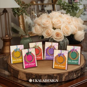May include: A collection of colorful gift tags with the text "Bole Chudiyan" and "Umeerah's Mehndi" on a wooden slab. Each tag features a different color scheme, including yellow, pink, orange, purple, and green, with decorative bows.